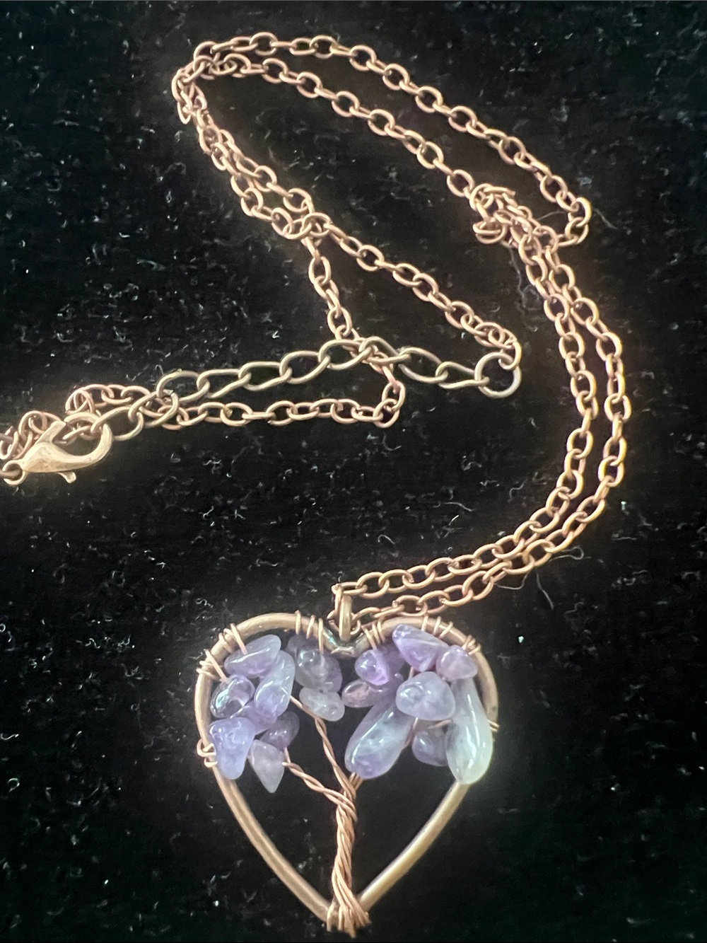Handcrafted Rose Gold Heart Tree Pendant Necklace with Purple Gem Accents
